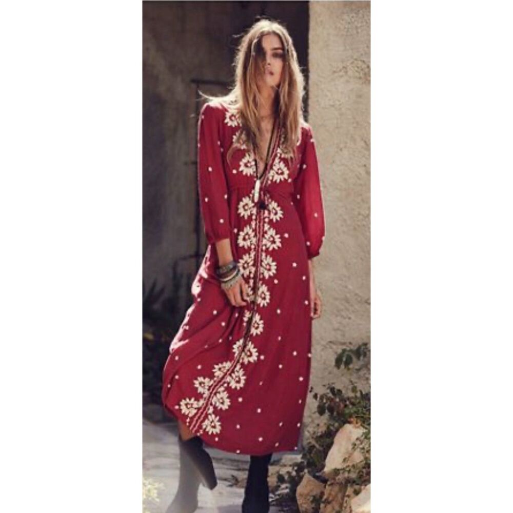 Free People Embroidered Fable Midi Dress Size XS